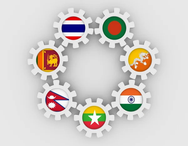Бенгальська затока ініціативи для міжгалузевого техніко-економічного співробітництва члени національних прапорів на gears — стокове фото
