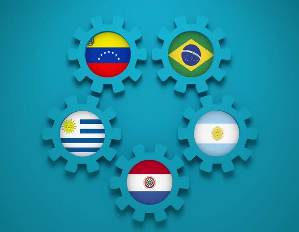 Southern Common Market association economies members flags on gears. — Stock Photo, Image