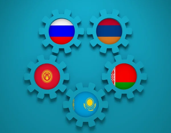 Євразійське економічне співтовариство члени національних прапорів на gears — стокове фото