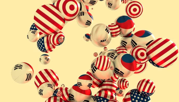 Gran grupo de orbes o esferas. Banderas de Estados Unidos y Corea — Foto de Stock