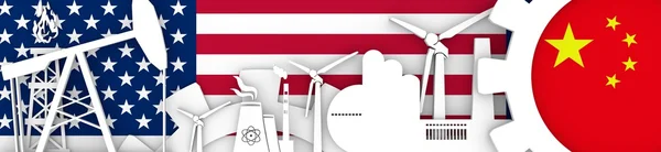 Energy and Power icons set. Header banner with China and USA flags — Stock Photo, Image