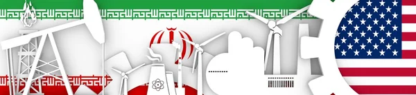 Icônes Énergie et Puissance réglées. Bannière d'en-tête avec drapeaux Iran et États-Unis — Photo
