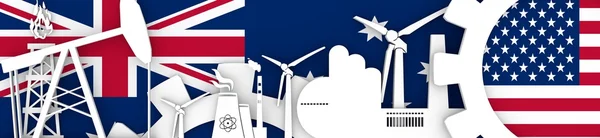 Set di icone Energia ed Energia. Bandiera di intestazione con bandiere britanniche e statunitensi — Foto Stock
