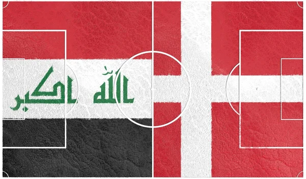 Irak vs Dinamarca. Campo de fútbol texturizado por banderas —  Fotos de Stock