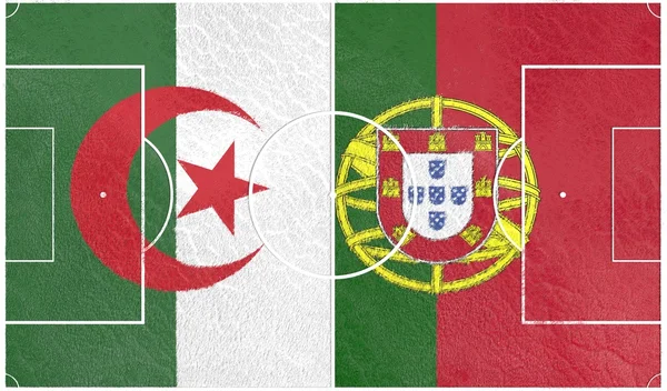 Portugal vs Algeria. Football field textured by flags — Stock Photo, Image