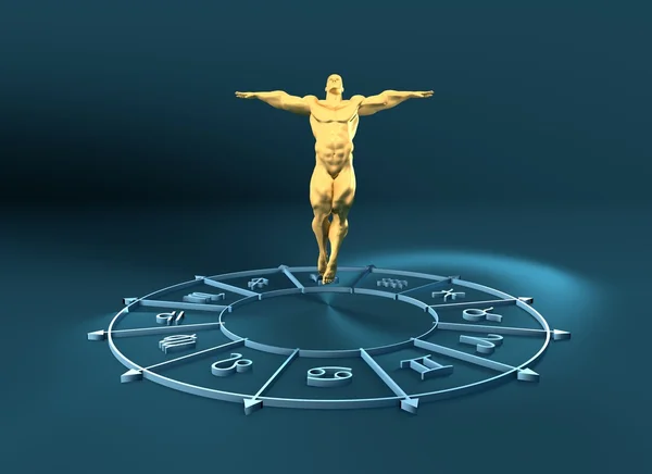 Astrology symbols circle. Muscular man fly — Stock Photo, Image