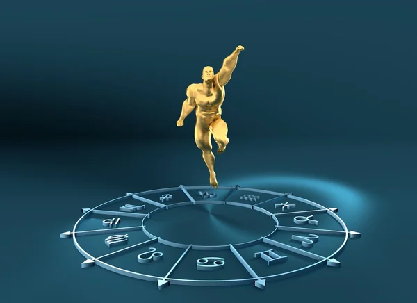 Astrologi symboler cirkel. Muskulös man flyga — Stockfoto