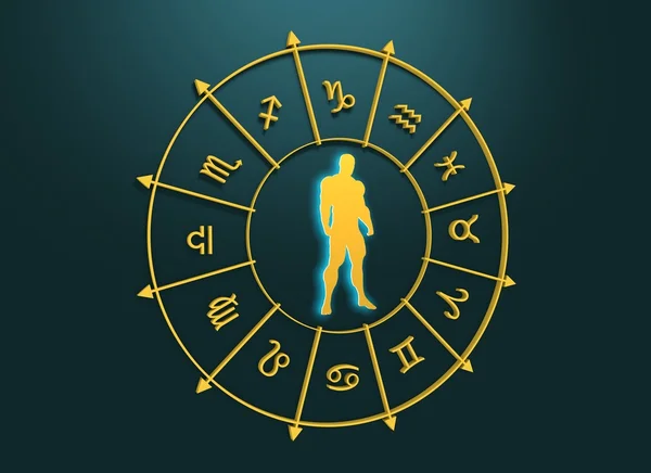 Astrologi symboler cirkel. Muskulös man siluett — Stockfoto