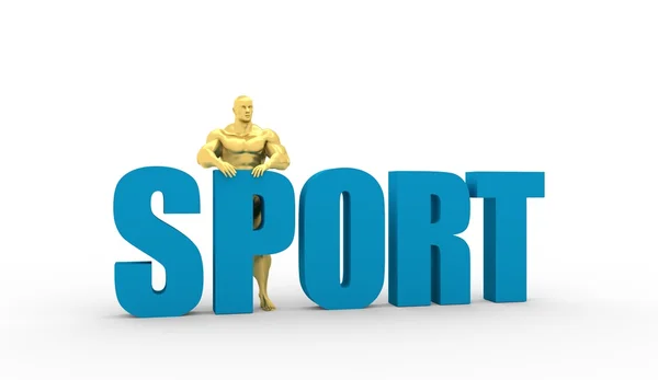 Muscular man standing near sport word. Golden figure — Stock Photo, Image