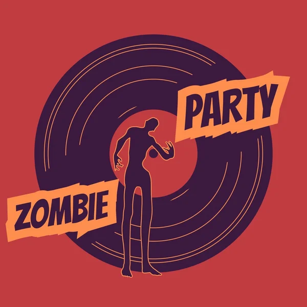 Testo e silhouette del partito zombie su disco in vinile — Vettoriale Stock