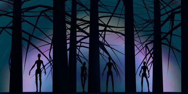 Zombi siluetleri karanlık ormanın içinde — Stok fotoğraf