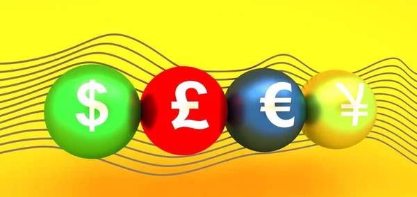 Currency symbols on reflected spheres with yellow backdrop — Stock Photo, Image