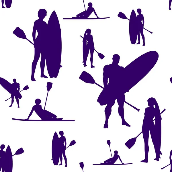 Bezproblemowe tło. Mężczyźni i kobiety z deską surfingową — Wektor stockowy
