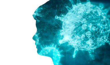 Erkek kafası ve virüslerin silueti.