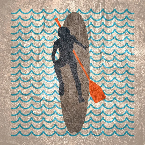 Ilustracja kobiety pozowanie z deski surfingowej — Zdjęcie stockowe
