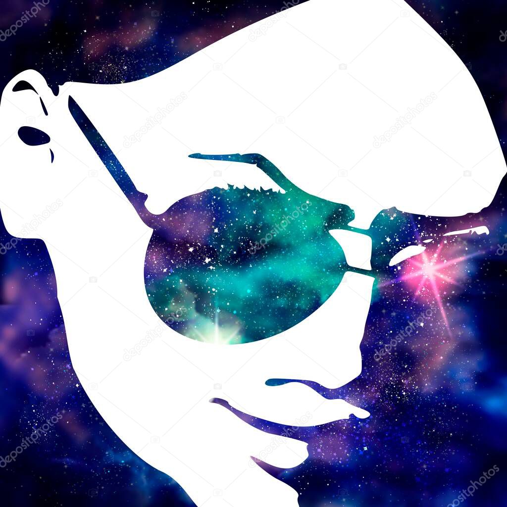 Woman head and universe filled with stars.