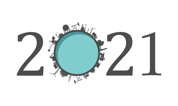 Numero 2021 anni con icone industriali a circa zero cifre — Vettoriale Stock