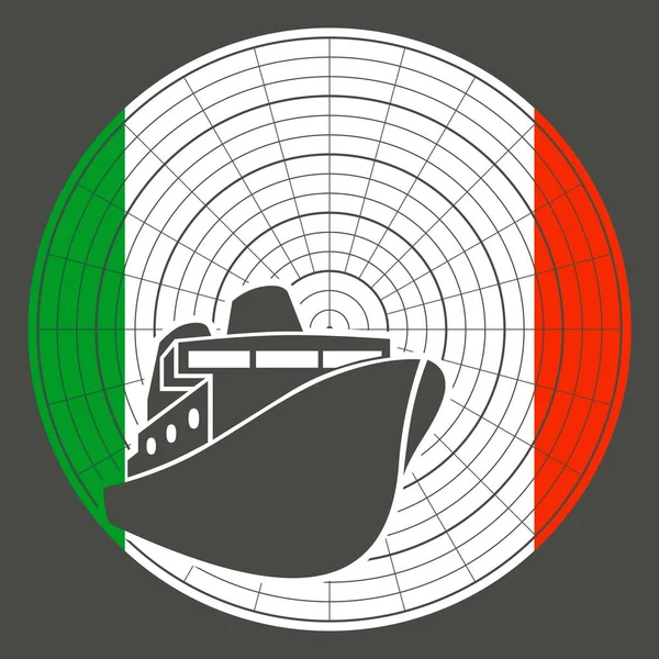 Veerboot pictogram op radar en vlag van Italië — Stockvector