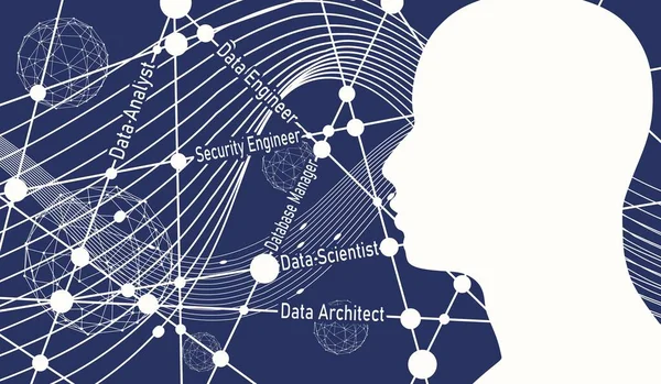 科学者ヘッドとのデータサイエンスとコミュニケーションの概念 — ストックベクタ