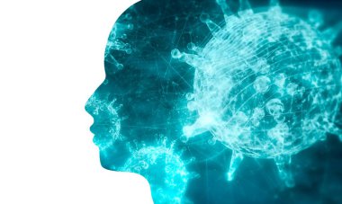 Erkek kafası ve virüslerin silueti.