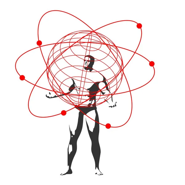 Man met abstract atoommodel in zijn handen — Stockvector