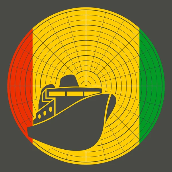 Ícone de barco de balsa na exibição de radar e bandeira da Guiné —  Vetores de Stock
