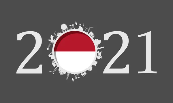 2021 year number with industrial icons around zero digit — Stock Vector