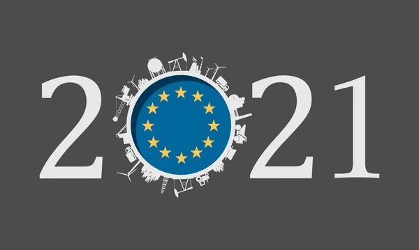2021 rok číslo s průmyslovými ikonami kolem nulové číslice — Stockový vektor