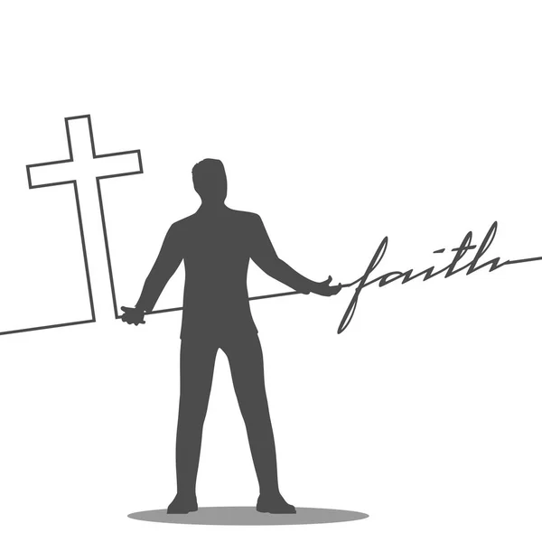 Hombre sosteniendo la cruz y la fe palabra conectada con la línea — Archivo Imágenes Vectoriales