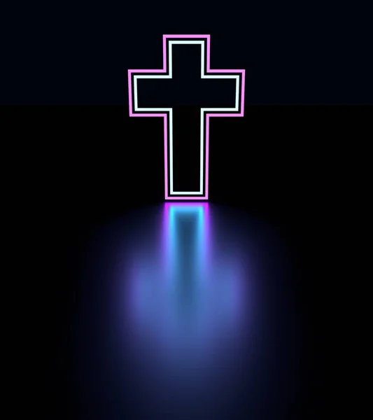 Neon shine thin line christianity cross with reflection — Stock Photo, Image