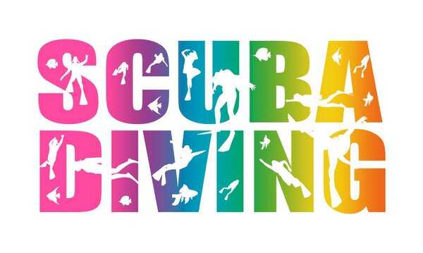 Scuba diving text with silhouettes of divers and sea animals.