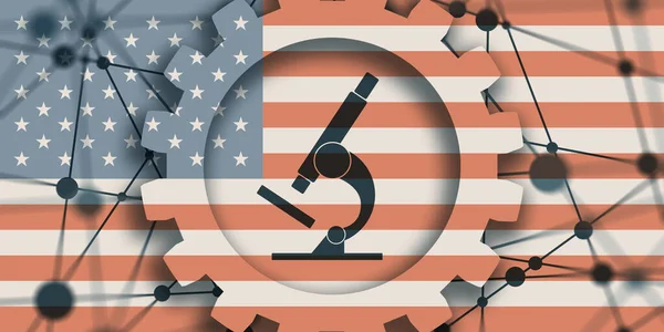 Icono de microscopio en engranaje y bandera de USA — Foto de Stock