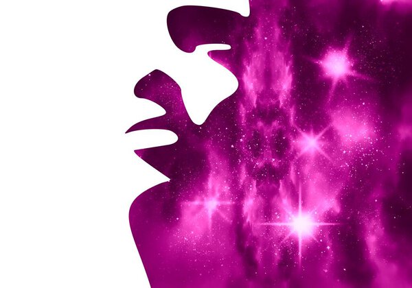 Женщина голова и вселенная наполнены звездами.