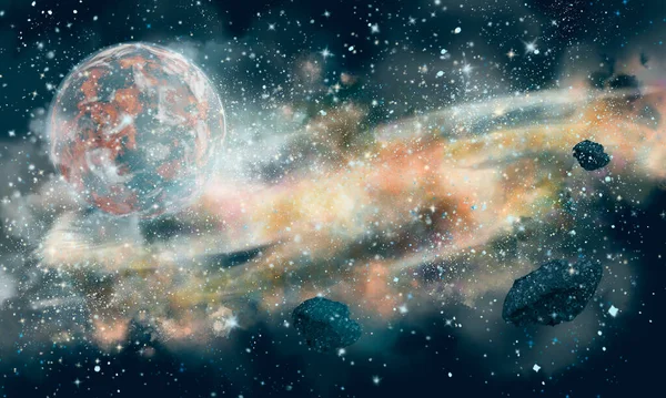 Universum fyllt med stjärnor. Abstrakt planet, nebulosa och spiralgalax — Stockfoto