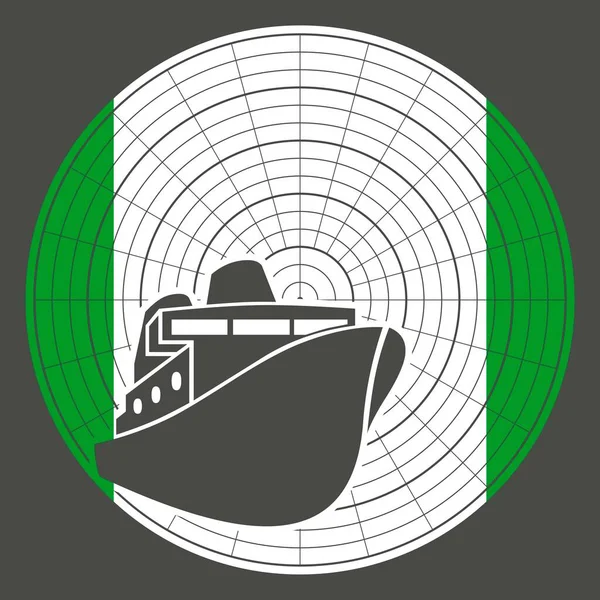 Ferry boat icon on radar display and flag of Nigeria — Stockvector