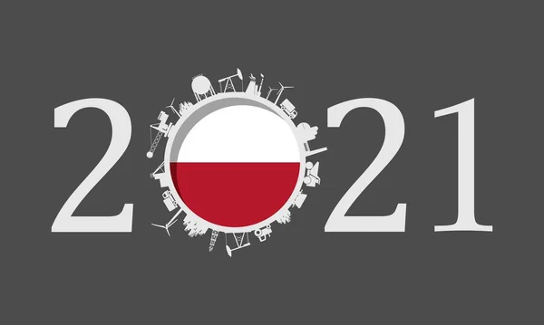 2021 year number with industrial icons around zero digit — Stock Vector