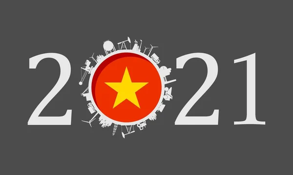 2021 год номер с промышленными иконками около нулевой цифры — стоковый вектор