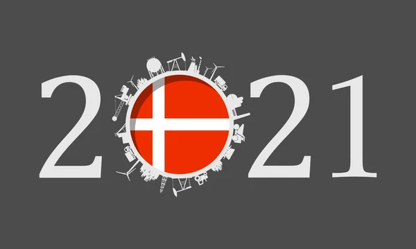 2021 year number with industrial icons around zero digit — Stock Vector