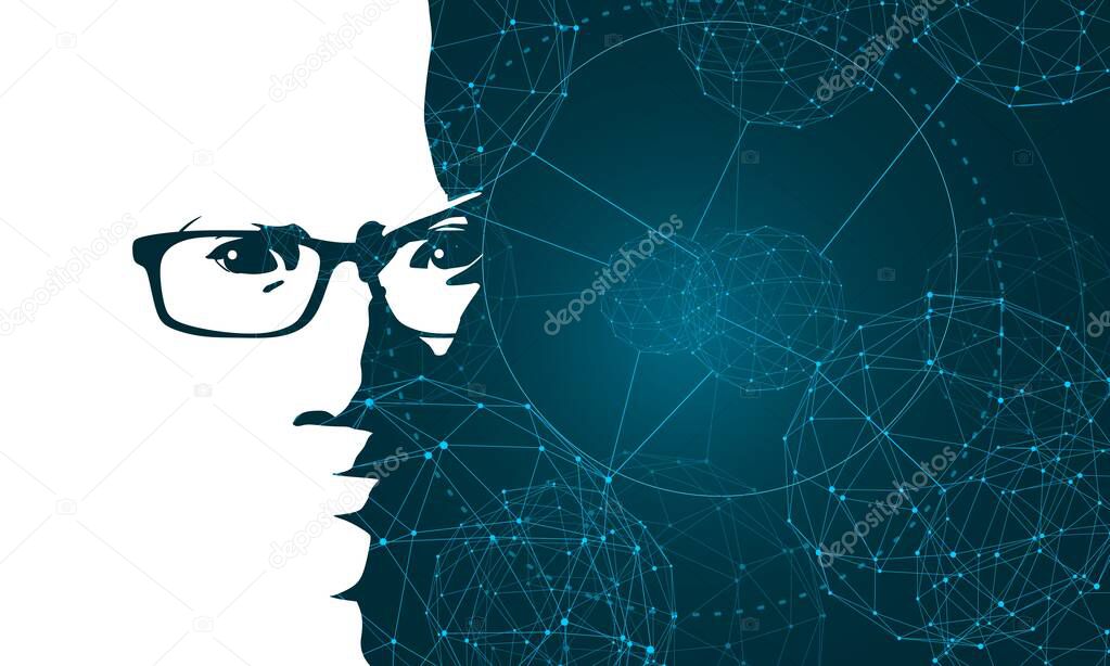 Silhouette of a female head and science futuristic background.