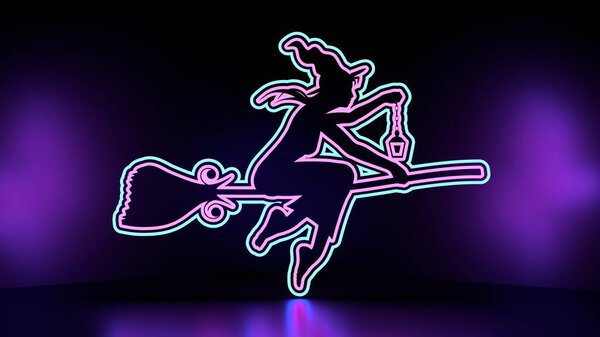 Flying young witch silhouette on a broomstick