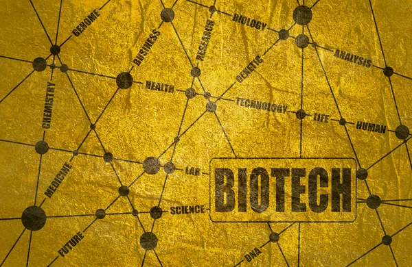 Biotech kata awan. Baris dengan titik-titik latar belakang tersambung — Stok Foto