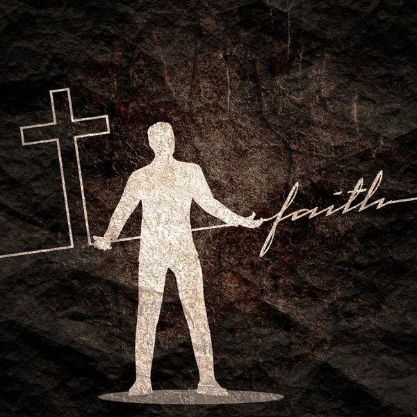 Man holding cross and faith word connected with line — Stock Photo, Image