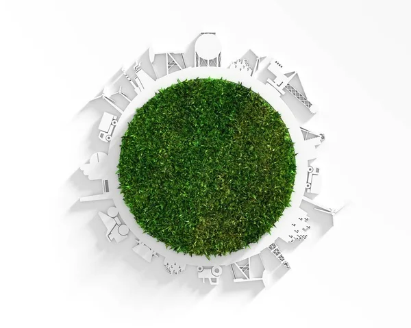 Círculo con siluetas relativas de la industria y hierba verde 3d —  Fotos de Stock