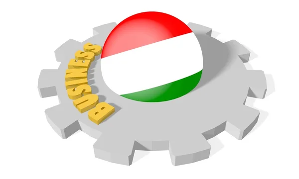 Esfera en engranaje texturizada por la bandera nacional hungary, palabra de oro del alivio del negocio en engranaje gris — Foto de Stock