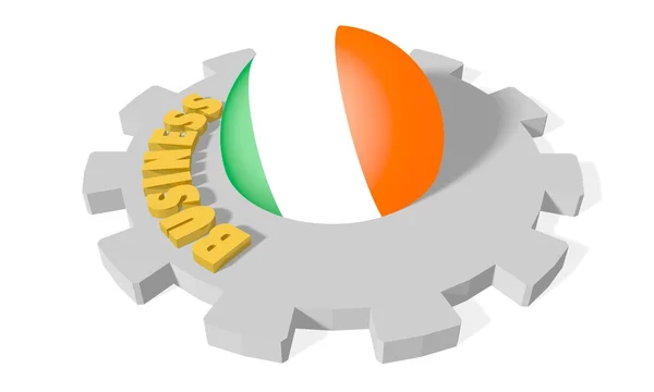 Esfera en engranaje texturizado por bandera nacional de Irlanda, palabra de oro en relieve de negocios en engranaje gris —  Fotos de Stock