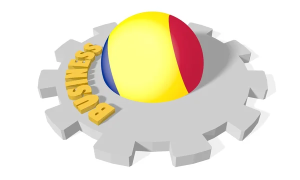 Sphere in gear textured by romania national flag, business relief golden word on grey gear — Stock Photo, Image