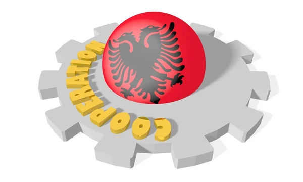 Sphere in gear textured by albania national flag, cooperation relief golden word on grey gear — Stock Photo, Image