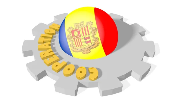 Sphere in gear textured by andorra national flag, cooperation relief golden word on grey gear — Stock Photo, Image