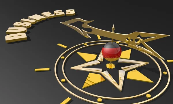 Золотой компас с текстурированным немецким флагом, указывающим на слово бизнес, изображение, подходящее для бизнес-концепции — стоковое фото