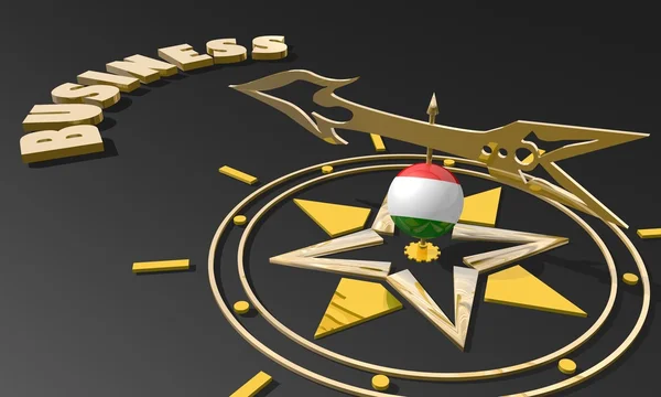 Zlatý kompas s Maďarsko vlajky dekorativní koule ukazující slovo podnikání, obrázek vhodný pro obchodní koncept — Stock fotografie